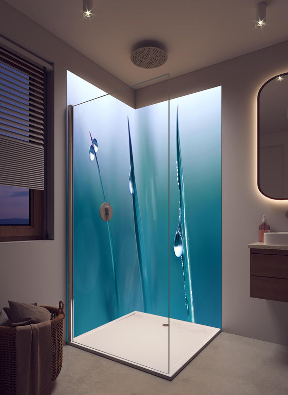 Duschrückwand - Transparente Tautropfen in cremefarbenem Badezimmer mit Regenduschkopf