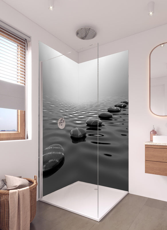Duschrückwand - Trittstein in hellem Badezimmer mit Regenduschkopf  - zweiteilige Eck-Duschrückwand