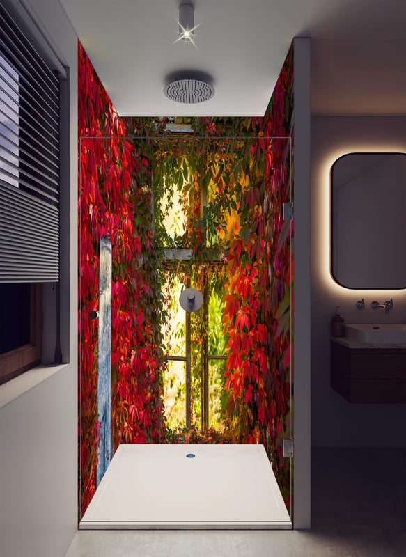 Duschrückwand - Verwachsenes Fenster mit roten Blättern in luxuriöser Dusche mit Regenduschkopf