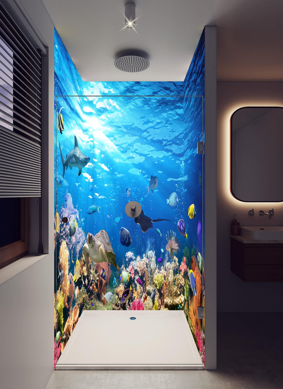 Duschrückwand - Vielfältige Unterwasserwelt in luxuriöser Dusche mit Regenduschkopf