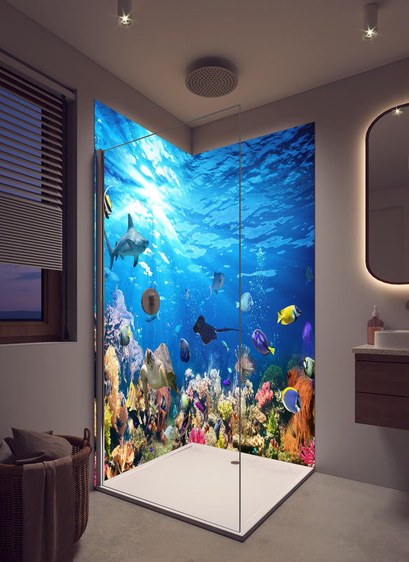 Duschrückwand - Vielfältige Unterwasserwelt in cremefarbenem Badezimmer mit Regenduschkopf