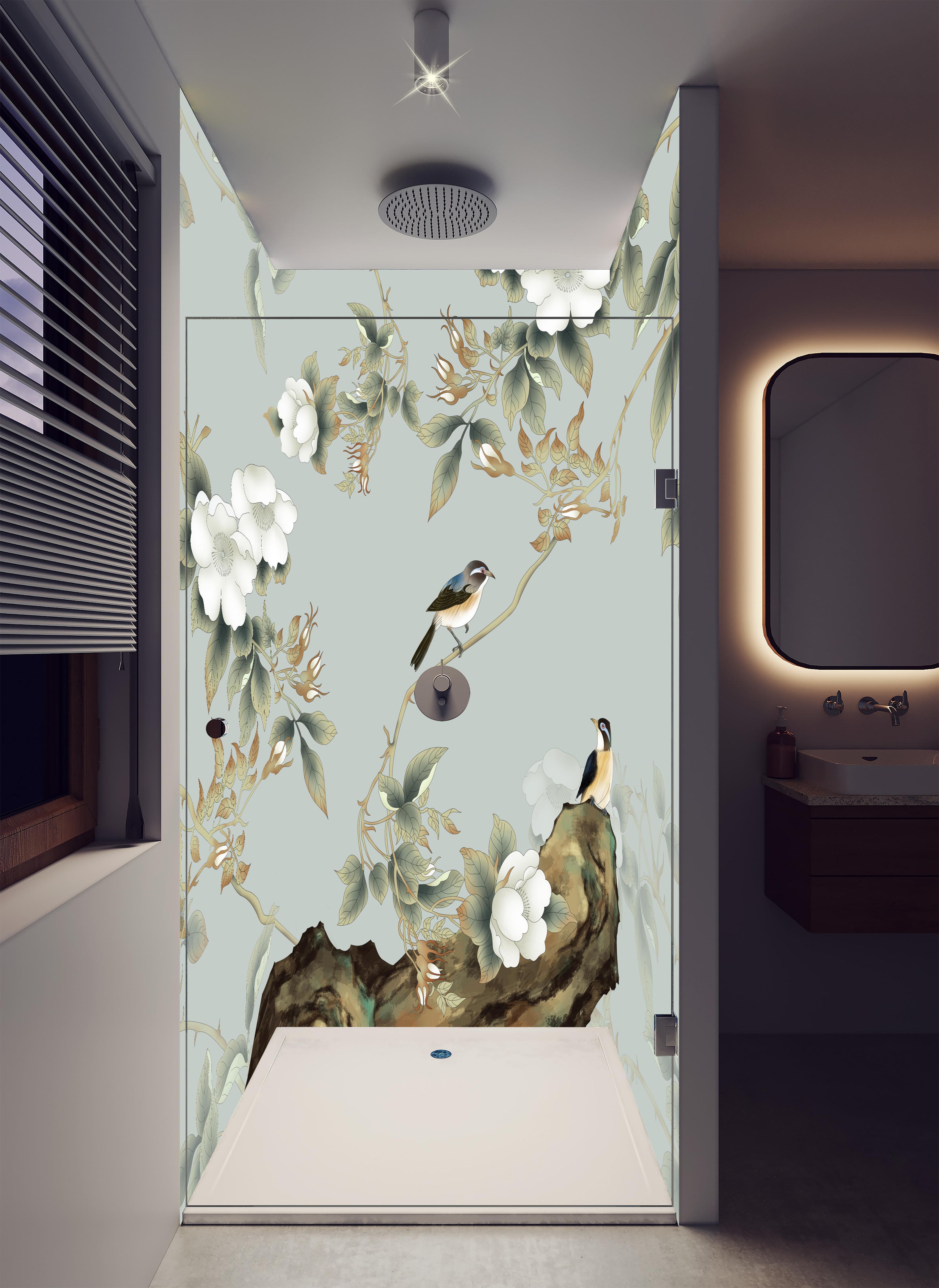 Duschrückwand - Vögel Natur Illustration auf grauem Hintergrund in luxuriöser Dusche mit Regenduschkopf