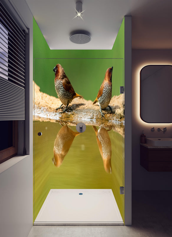 Duschrückwand - Vögel Spiegelung im Wasser in luxuriöser Dusche mit Regenduschkopf