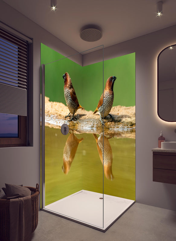 Duschrückwand - Vögel Spiegelung im Wasser in cremefarbenem Badezimmer mit Regenduschkopf
