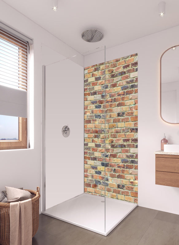 Duschrückwand - Wand aus farbigen Ziegeln in hellem Badezimmer mit Regenduschkopf - einteilige Duschrückwand