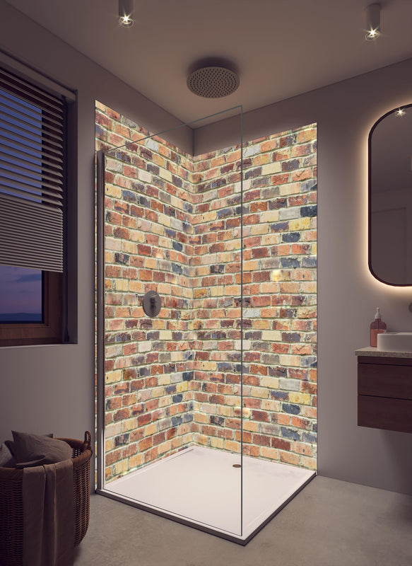 Duschrückwand - Wand aus farbigen Ziegeln in cremefarbenem Badezimmer mit Regenduschkopf