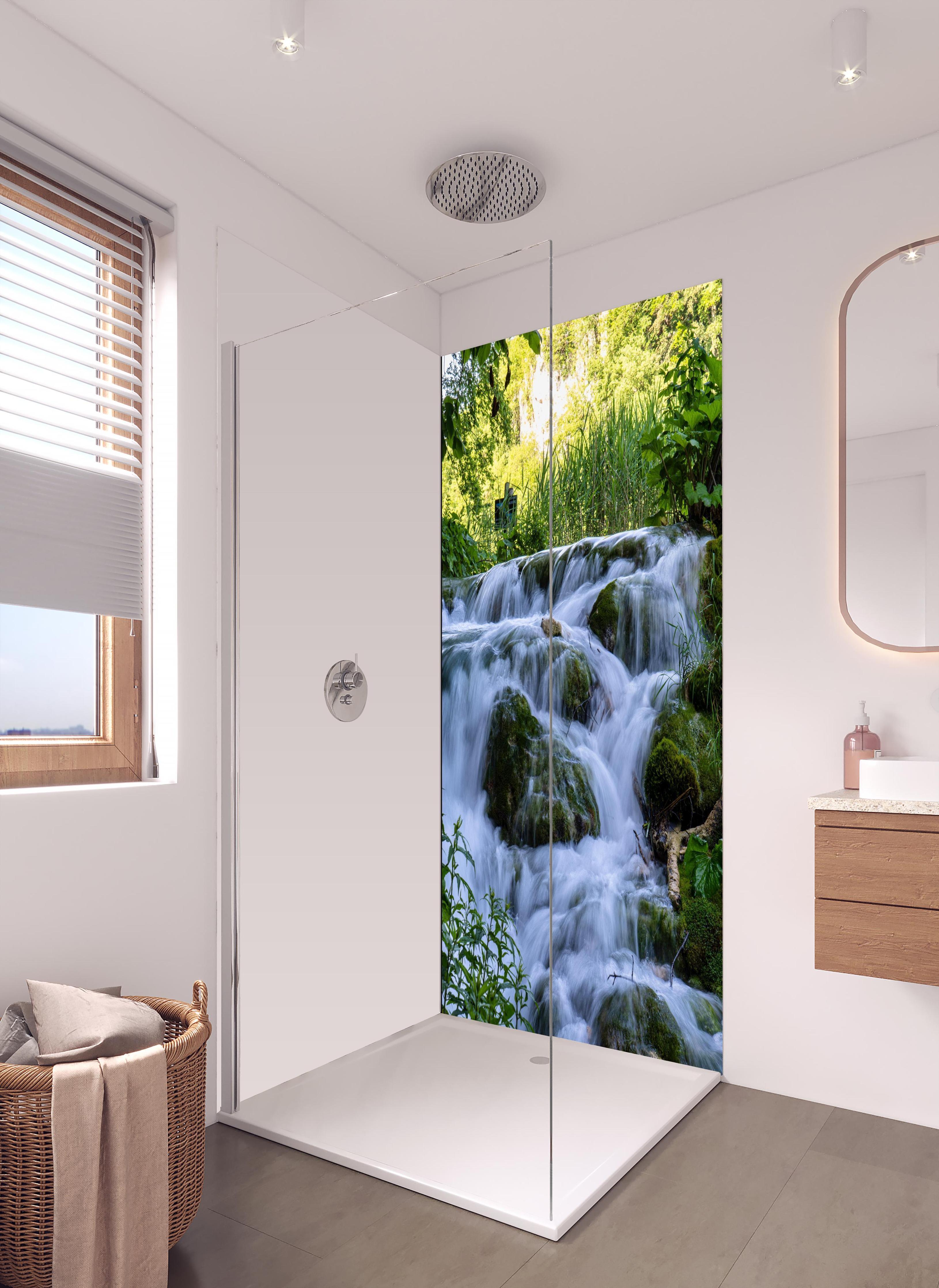 Duschrückwand - Wasserfall im Nationalpark Plitvicer Seen in hellem Badezimmer mit Regenduschkopf - einteilige Duschrückwand