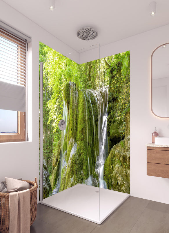 Duschrückwand - Wasserfall im Wald - Sevastopol in hellem Badezimmer mit Regenduschkopf  - zweiteilige Eck-Duschrückwand