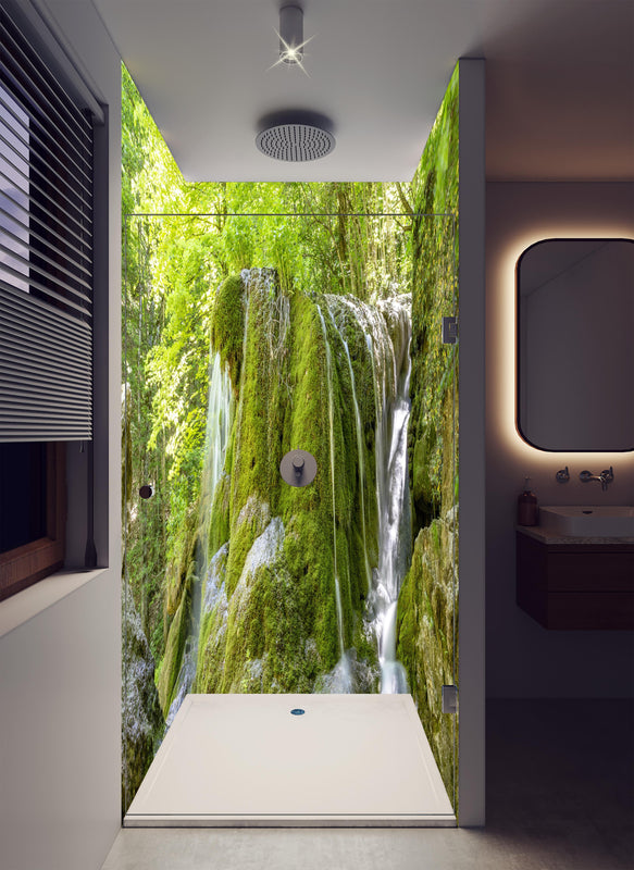 Duschrückwand - Wasserfall im Wald - Sevastopol in luxuriöser Dusche mit Regenduschkopf