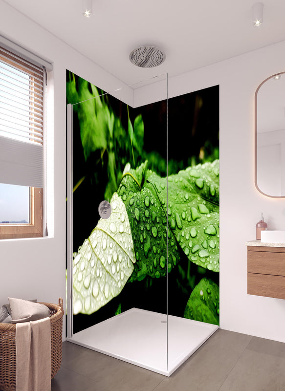 Duschrückwand - Wassertropfen auf einem Blatt in hellem Badezimmer mit Regenduschkopf  - zweiteilige Eck-Duschrückwand