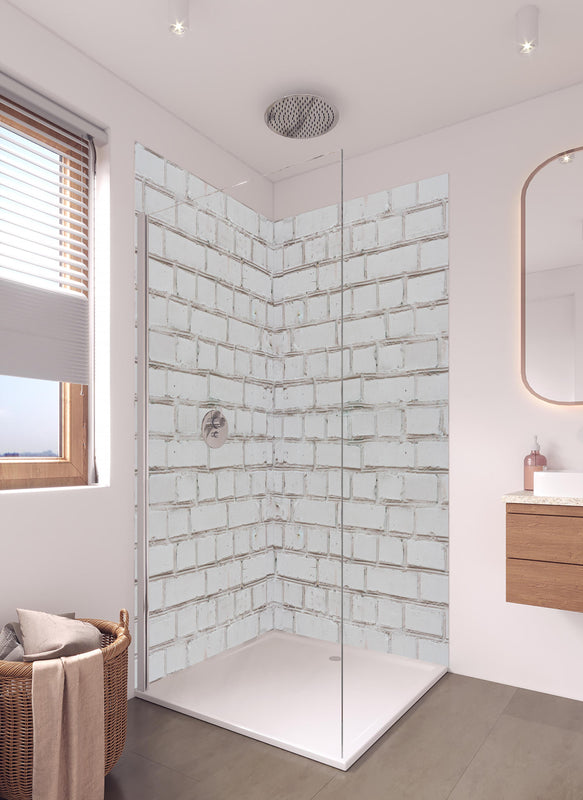 Duschrückwand - Weiß-Beige Ziegelsteinmauer in hellem Badezimmer mit Regenduschkopf  - zweiteilige Eck-Duschrückwand