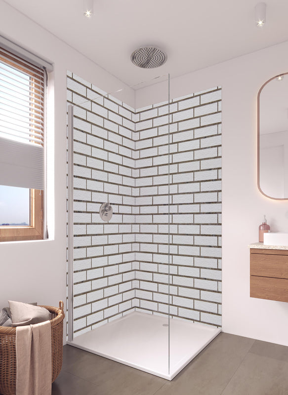 Duschrückwand - Weiß-Brauner Backsteinmauer in hellem Badezimmer mit Regenduschkopf  - zweiteilige Eck-Duschrückwand