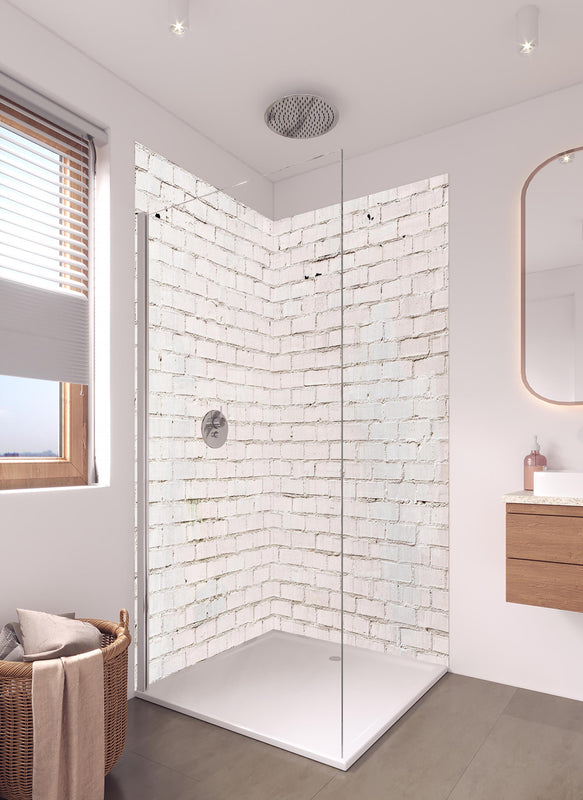 Duschrückwand - Weiß gestrichene Ziegelwand in hellem Badezimmer mit Regenduschkopf  - zweiteilige Eck-Duschrückwand