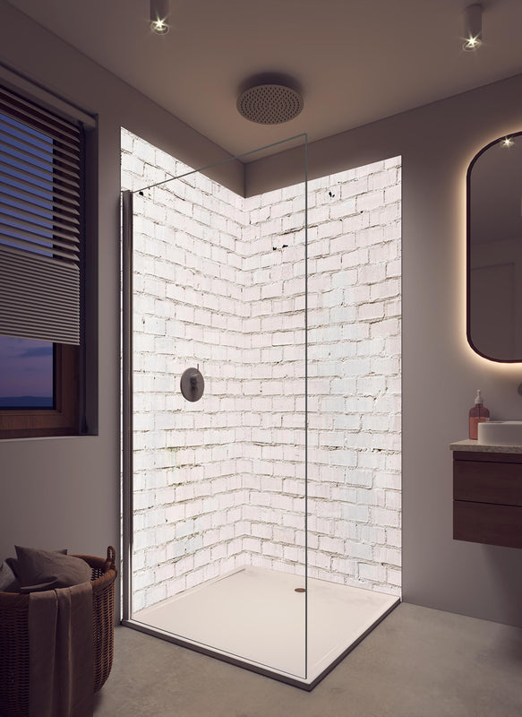 Duschrückwand - Weiß gestrichene Ziegelwand in cremefarbenem Badezimmer mit Regenduschkopf