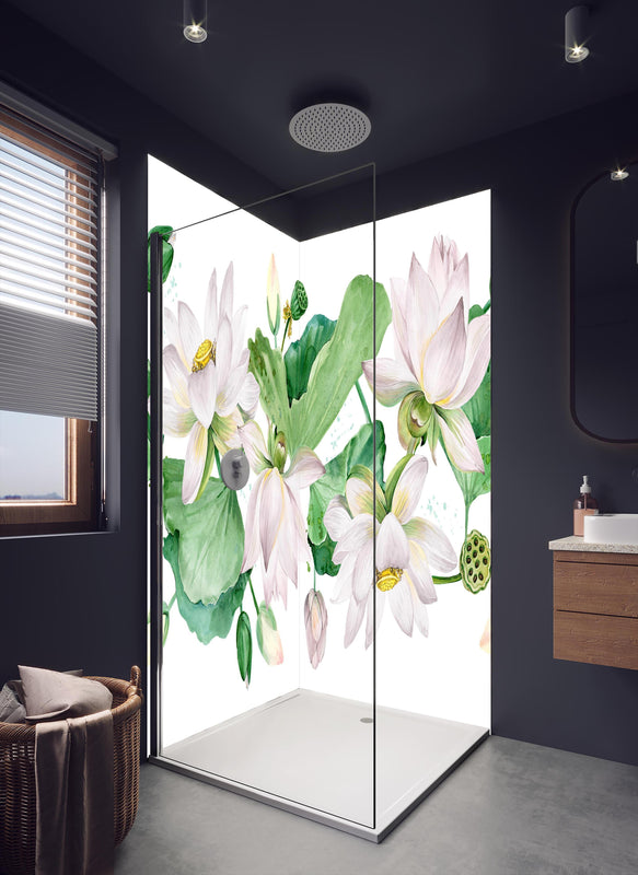 Duschrückwand - Weiße Lotusblumen - nahtlose Muster in dunklem Badezimmer mit Regenduschkopf