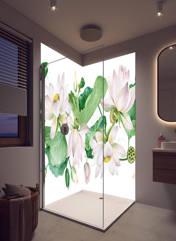 Duschrückwand - Weiße Lotusblumen - nahtlose Muster in cremefarbenem Badezimmer mit Regenduschkopf