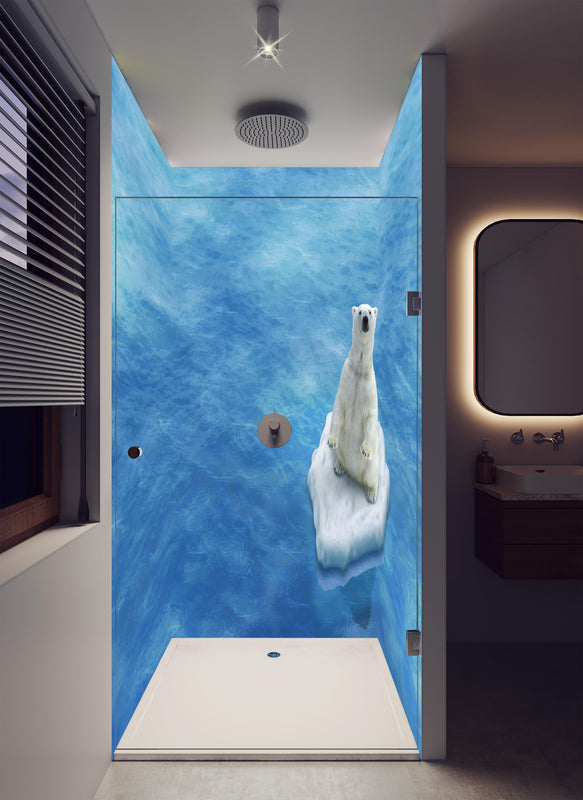 Duschrückwand - Weißer Eisbär treibend auf Eisscholle in luxuriöser Dusche mit Regenduschkopf
