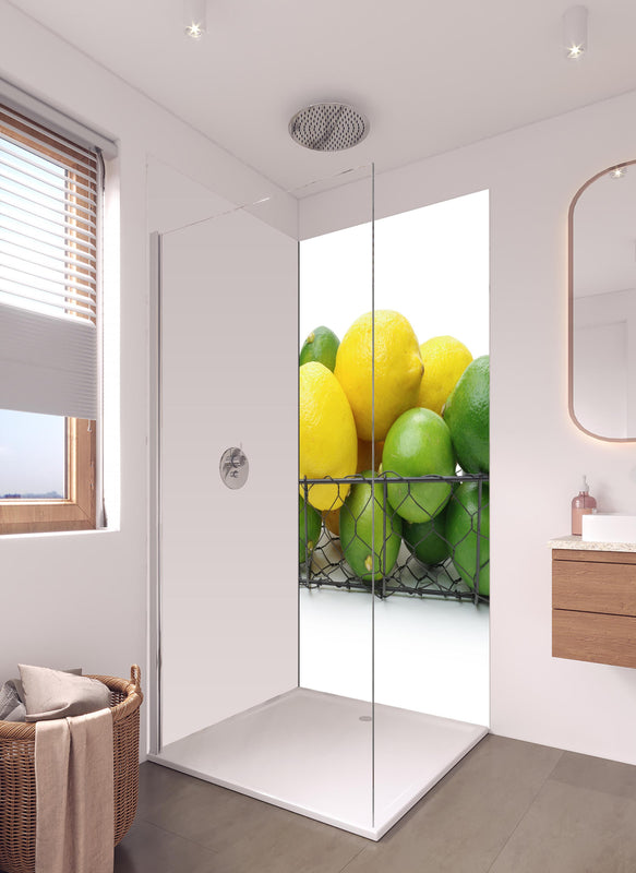 Duschrückwand - Zitrusfrüchte im Korb in hellem Badezimmer mit Regenduschkopf - einteilige Duschrückwand