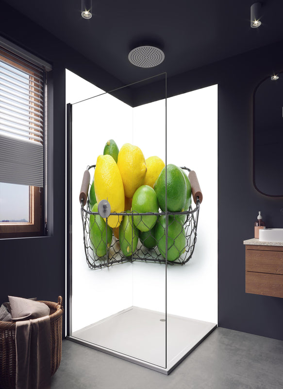 Duschrückwand - Zitrusfrüchte im Korb in dunklem Badezimmer mit Regenduschkopf