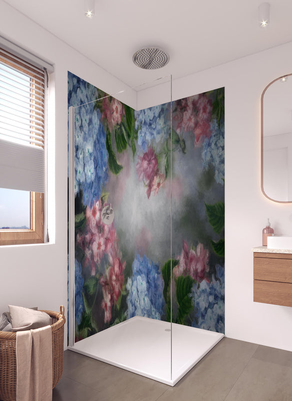 Duschrückwand - antiquarisches Blumengemälde in hellem Badezimmer mit Regenduschkopf  - zweiteilige Eck-Duschrückwand