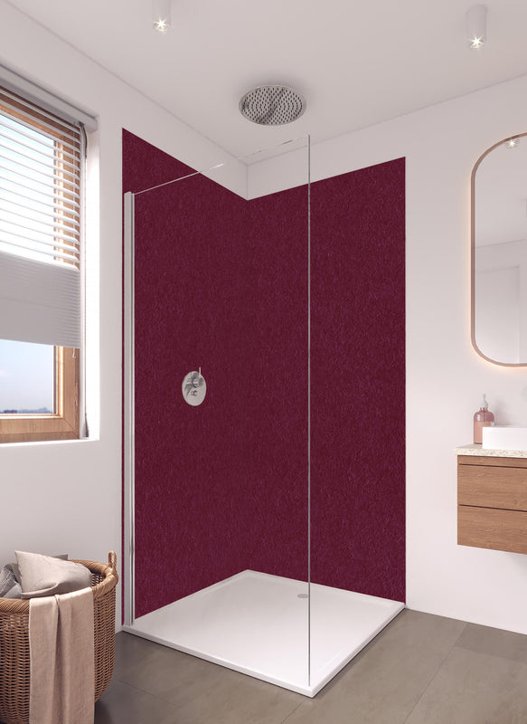 Duschrückwand - traditionelle rötliches Papier in hellem Badezimmer mit Regenduschkopf  - zweiteilige Eck-Duschrückwand