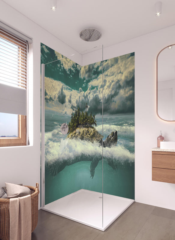 Duschrückwand - tropische Wanderinsel im Meer in hellem Badezimmer mit Regenduschkopf  - zweiteilige Eck-Duschrückwand