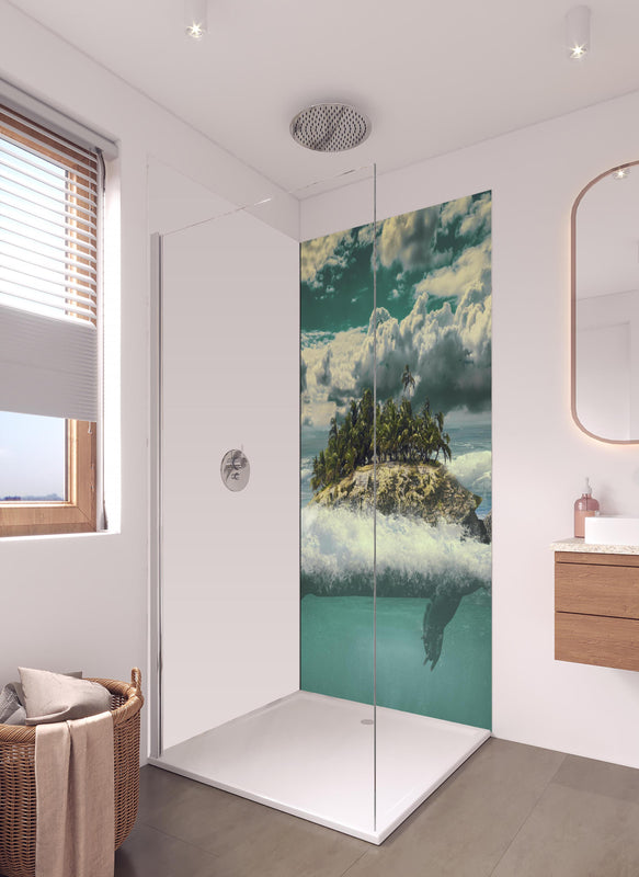 Duschrückwand - tropische Wanderinsel im Meer in hellem Badezimmer mit Regenduschkopf - einteilige Duschrückwand
