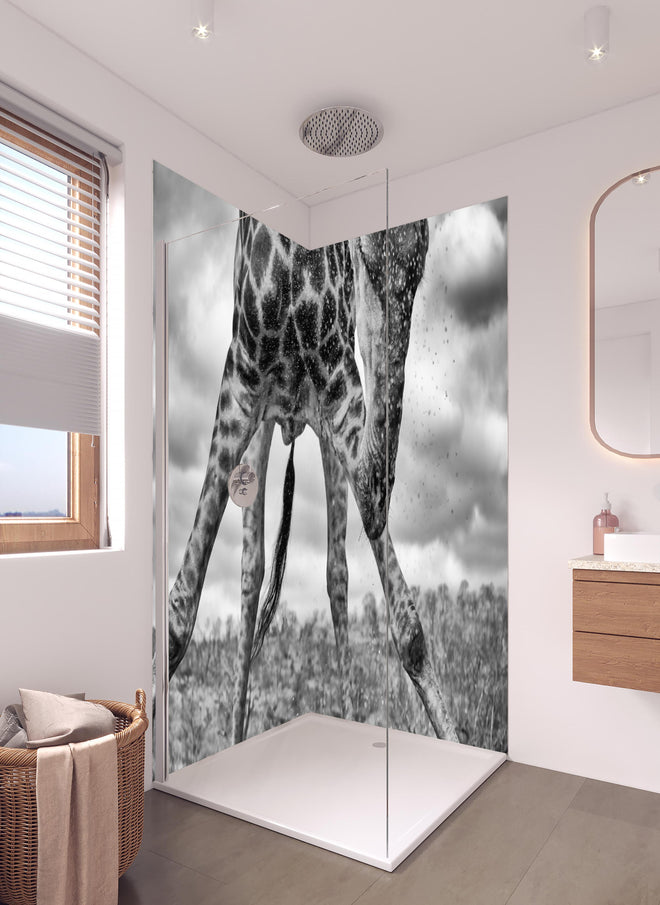 Duschrückwand - Dynamische Giraffe Schwarz-Weiß Momentaufnahme
