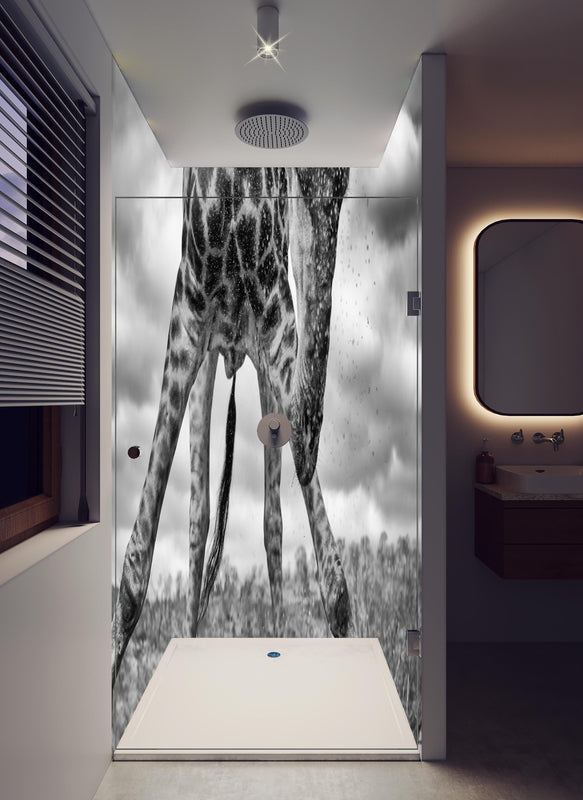 Duschrückwand - Dynamische Giraffe Schwarz-Weiß Momentaufnahme in hellem Badezimmer mit Regenduschkopf  - zweiteilige Eck-Duschrückwand