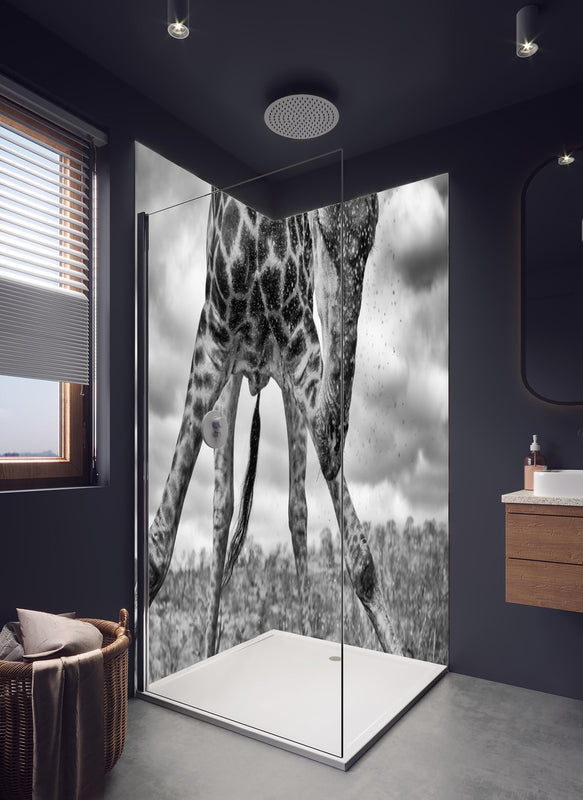 Duschrückwand - Dynamische Giraffe Schwarz-Weiß Momentaufnahme in hellem Badezimmer mit Regenduschkopf  - zweiteilige Eck-Duschrückwand