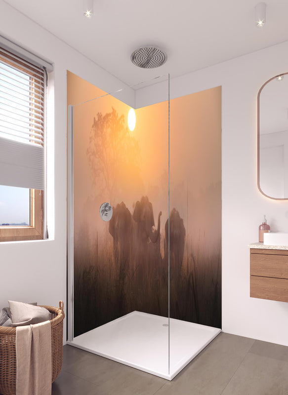 Duschrückwand - Elefanten bei Morgengrauen in hellem Badezimmer mit Regenduschkopf  - zweiteilige Eck-Duschrückwand