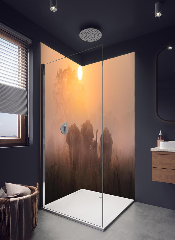 Duschrückwand - Elefanten bei Morgengrauen in hellem Badezimmer mit Regenduschkopf  - zweiteilige Eck-Duschrückwand