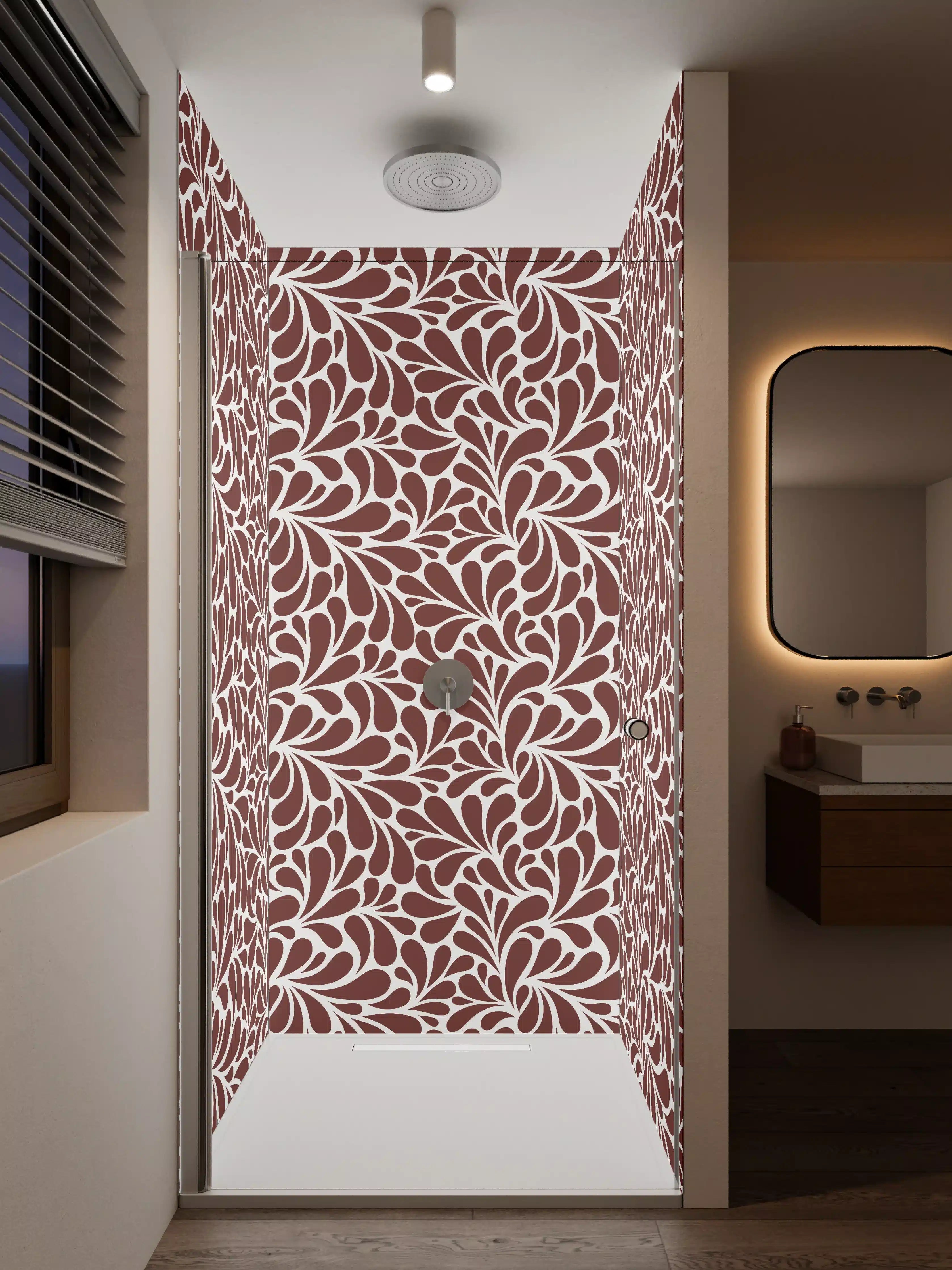 Duschrückwand - Elegant Braun-Weiß-Blumenmuster
