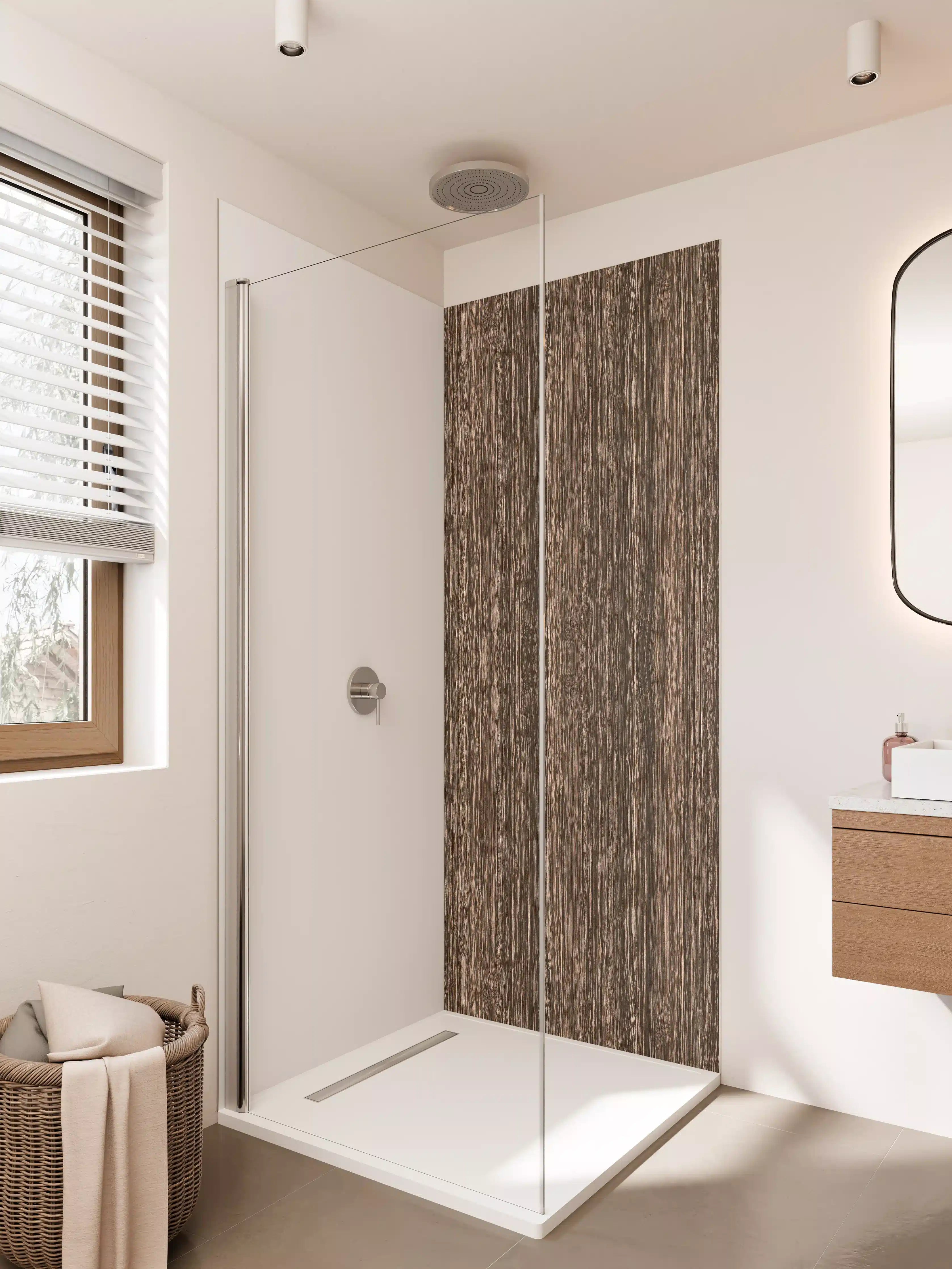Duschrückwand - Elegante Holzoptik in warmen Braun- und Beigetönen