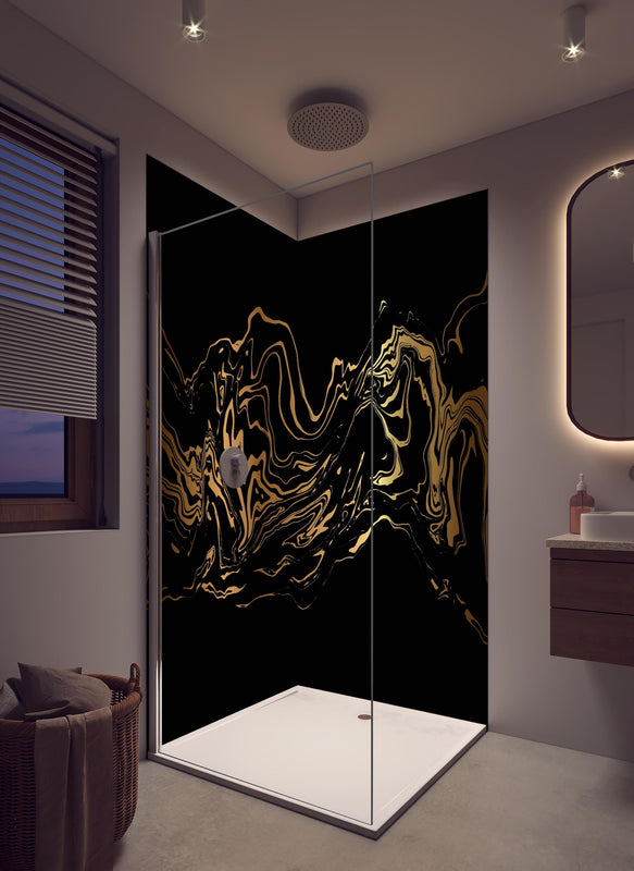 Duschrückwand - Elegante abstrakte Gold-Schwärze Textur in hellem Badezimmer mit Regenduschkopf  - zweiteilige Eck-Duschrückwand
