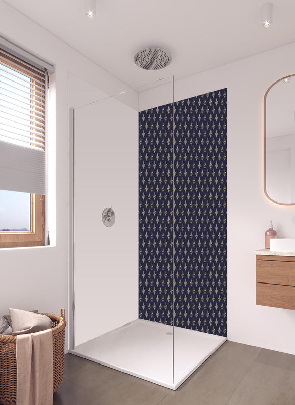 Duschrückwand - Elegante dunkelblaue Ornamentstruktur in hellem Badezimmer mit Regenduschkopf  - zweiteilige Eck-Duschrückwand