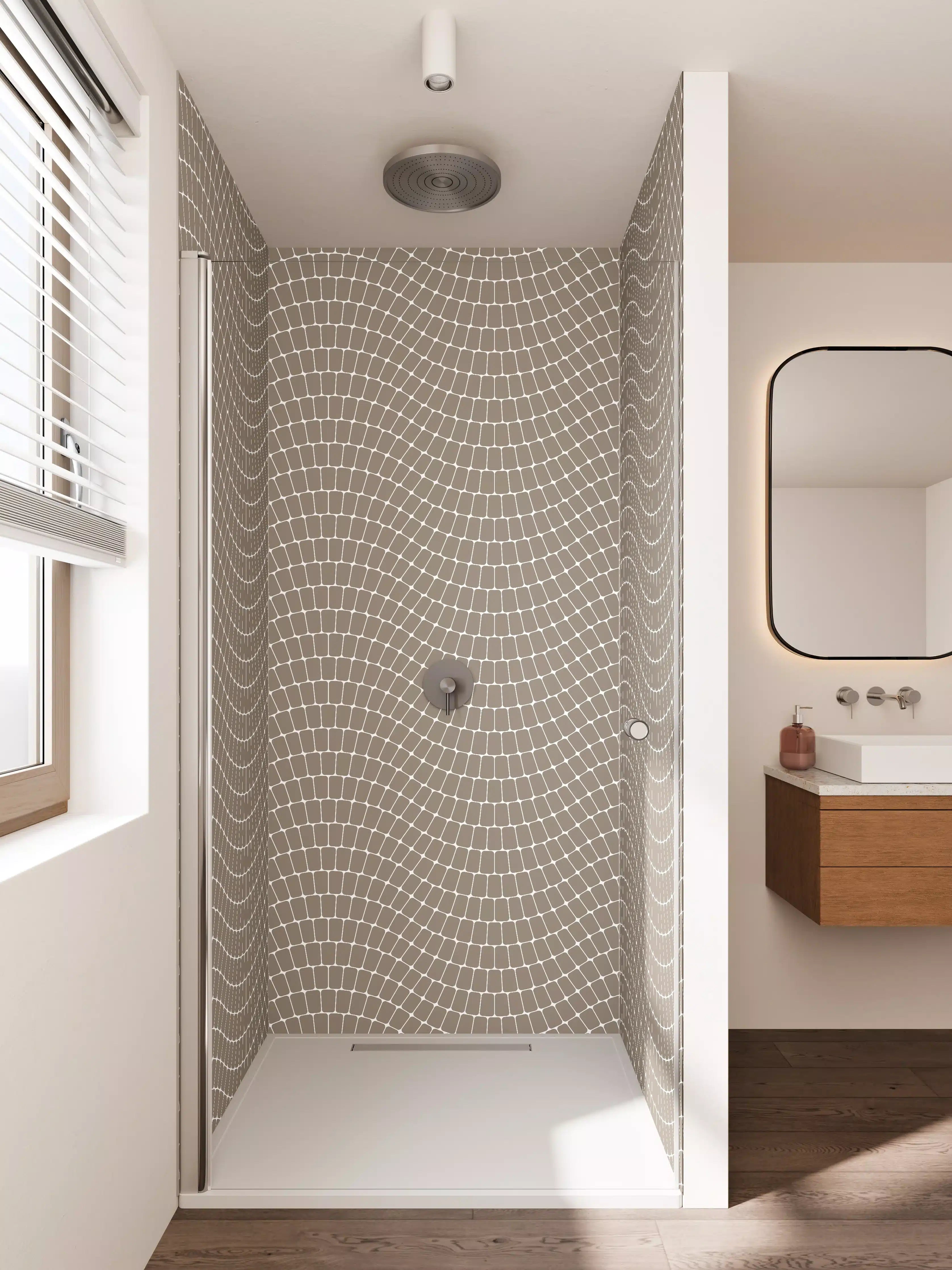 Duschrückwand - Elegante geometrische Wandgestaltung in neutralen Tönen