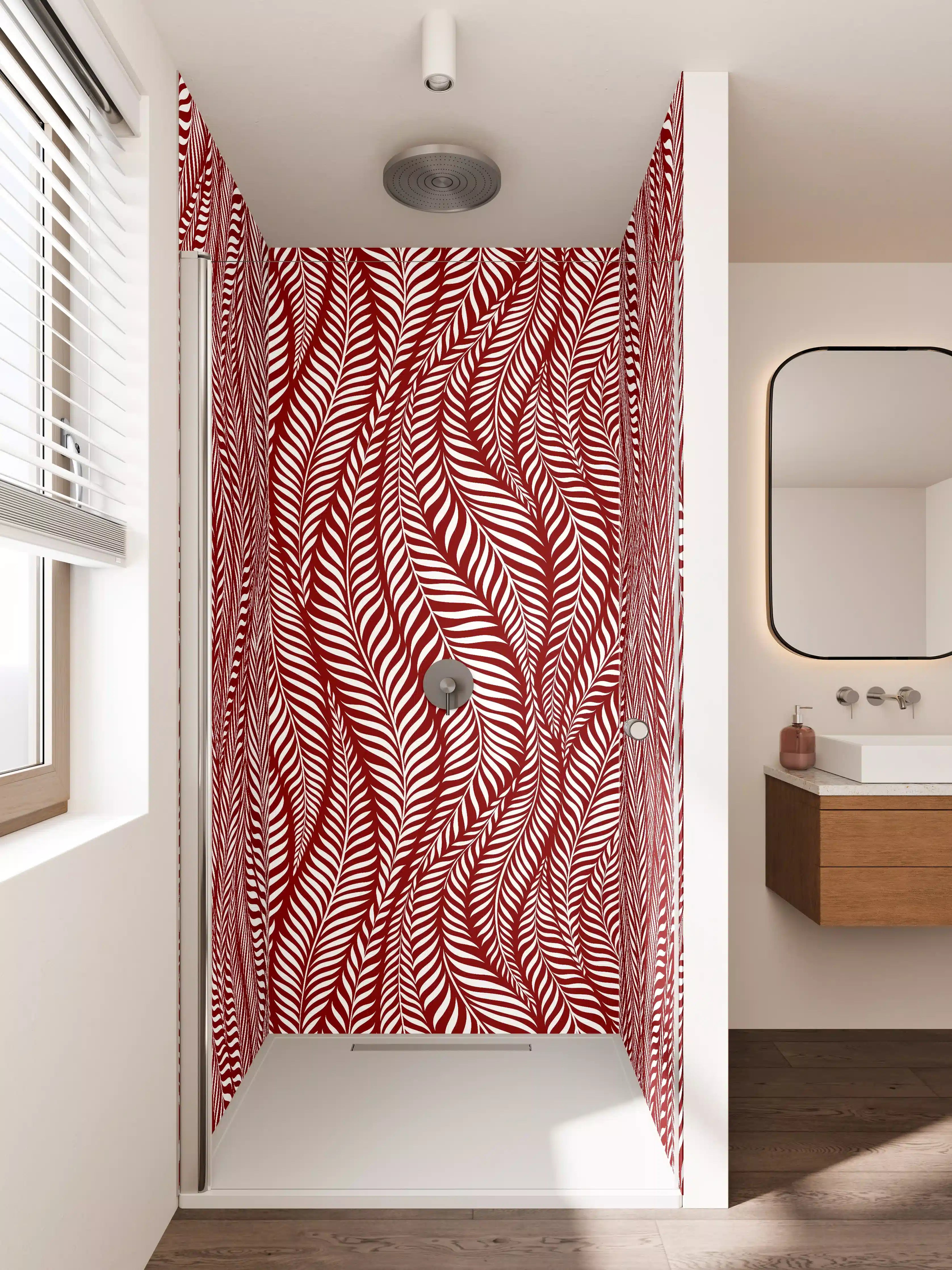 Duschrückwand - Elegante rote und weiße Wellenmuster-Textur