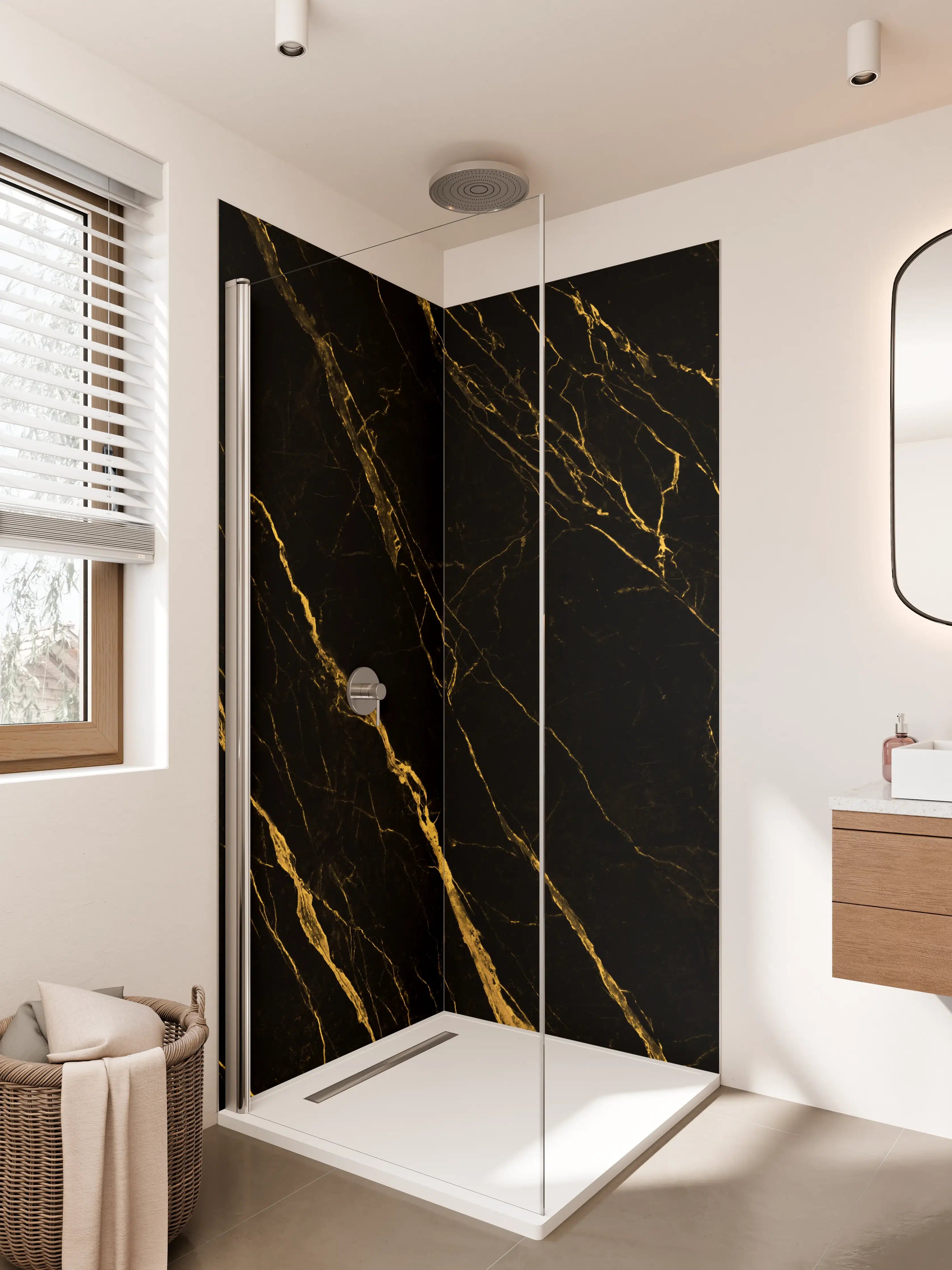 Duschrückwand - Elegante schwarze Marmortextur mit goldenen Adern