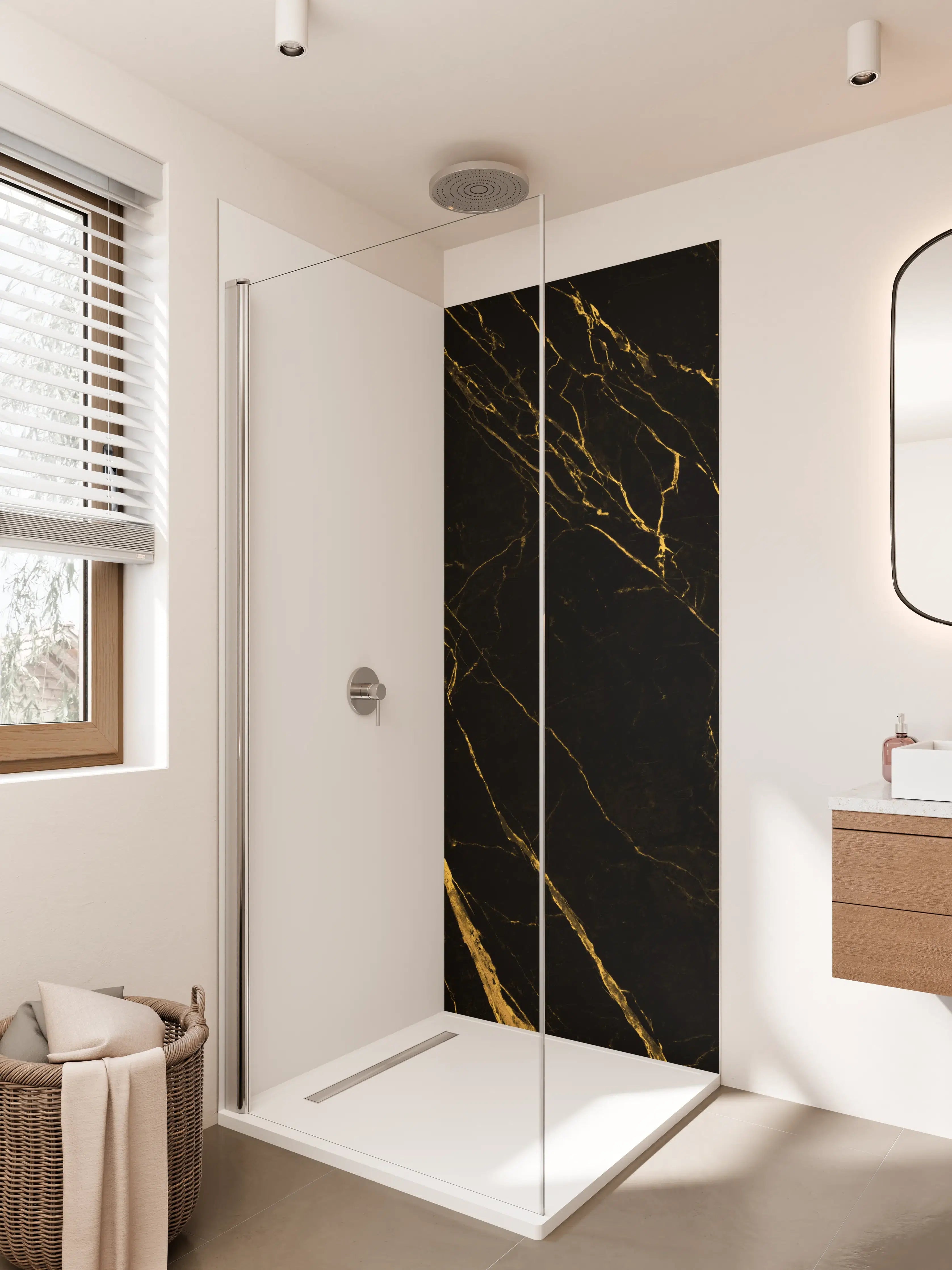 Duschrückwand - Elegante schwarze Marmortextur mit goldenen Adern