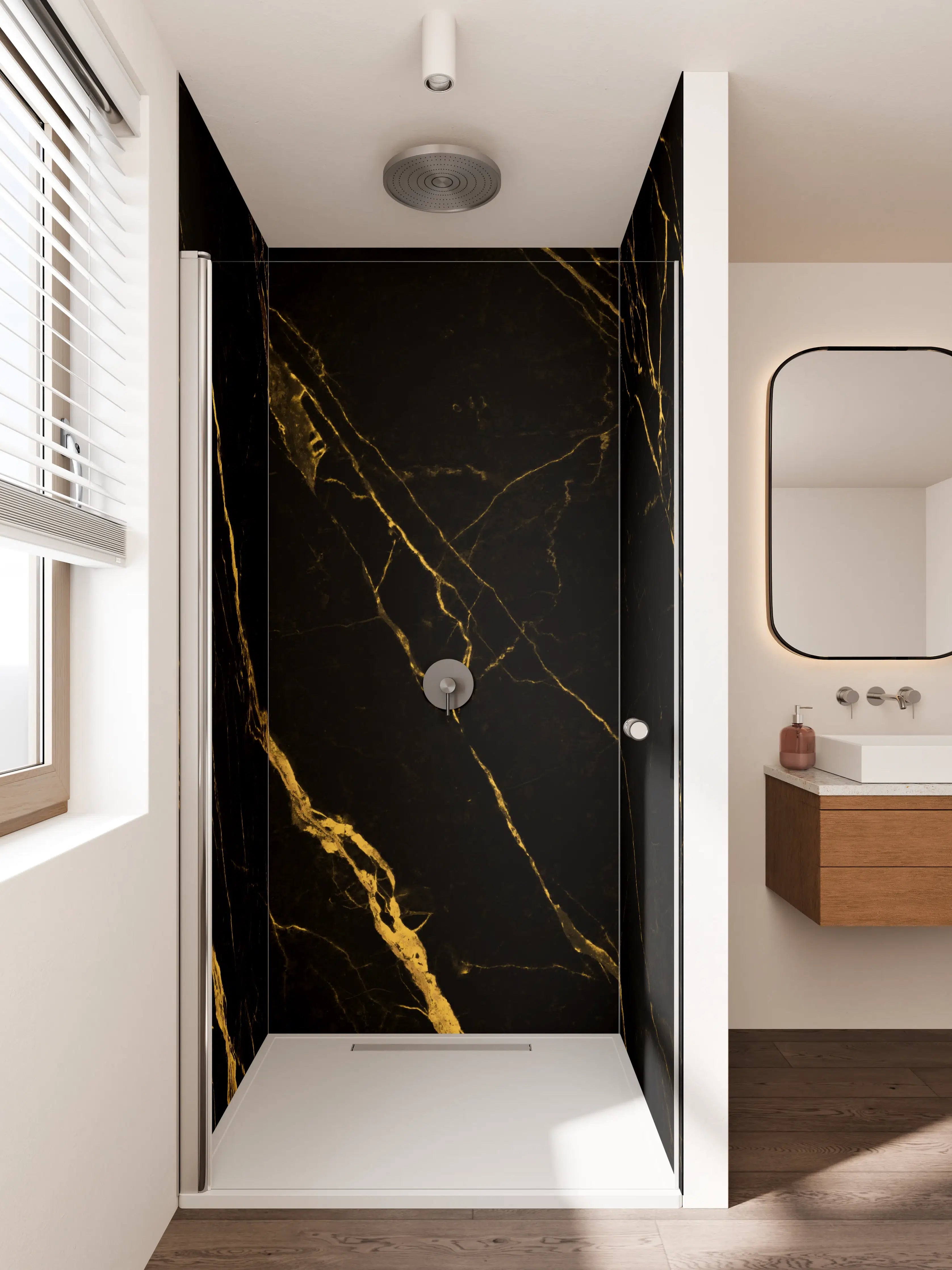 Duschrückwand - Elegante schwarze Marmortextur mit goldenen Adern