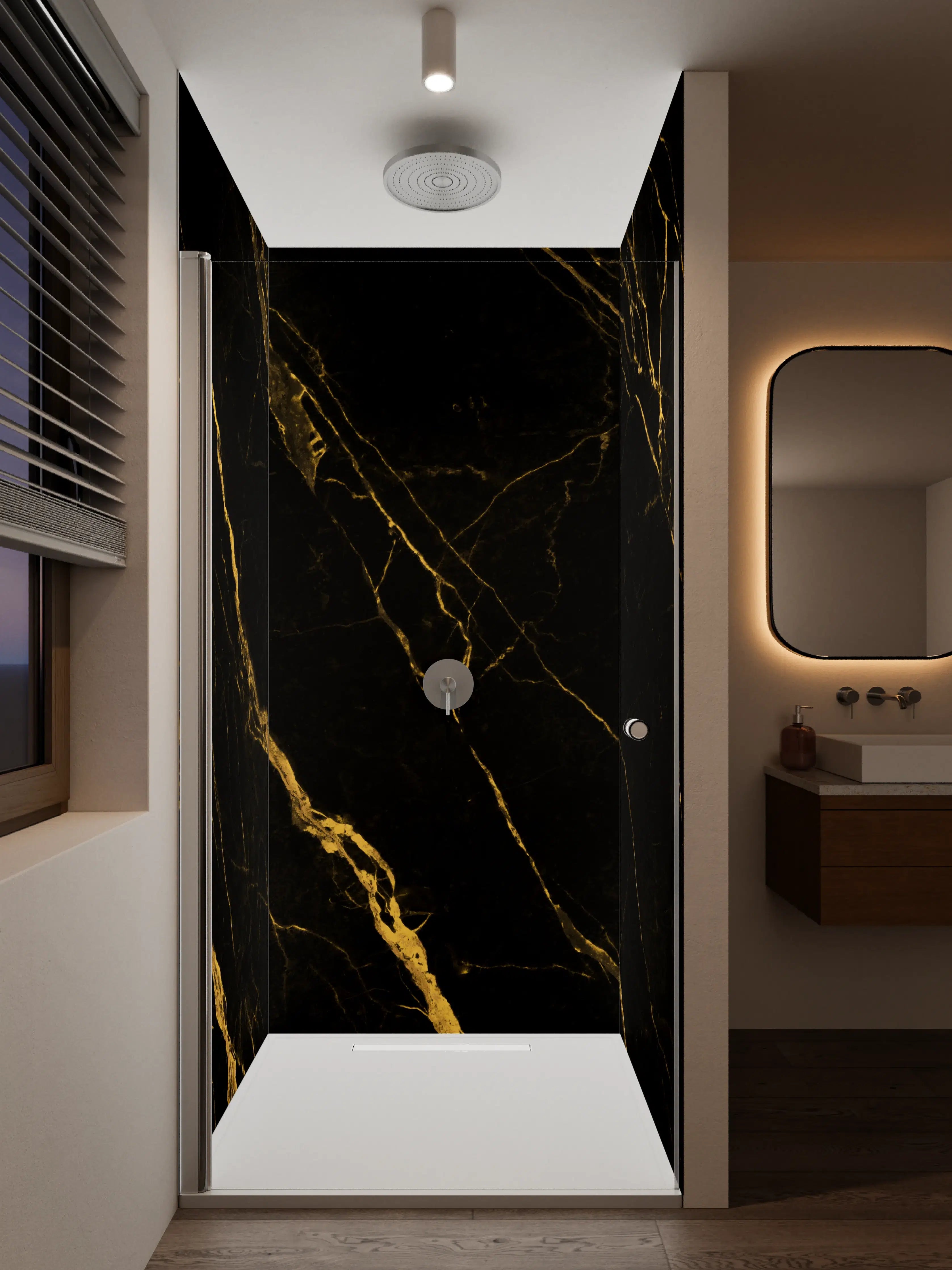 Duschrückwand - Elegante schwarze Marmortextur mit goldenen Adern