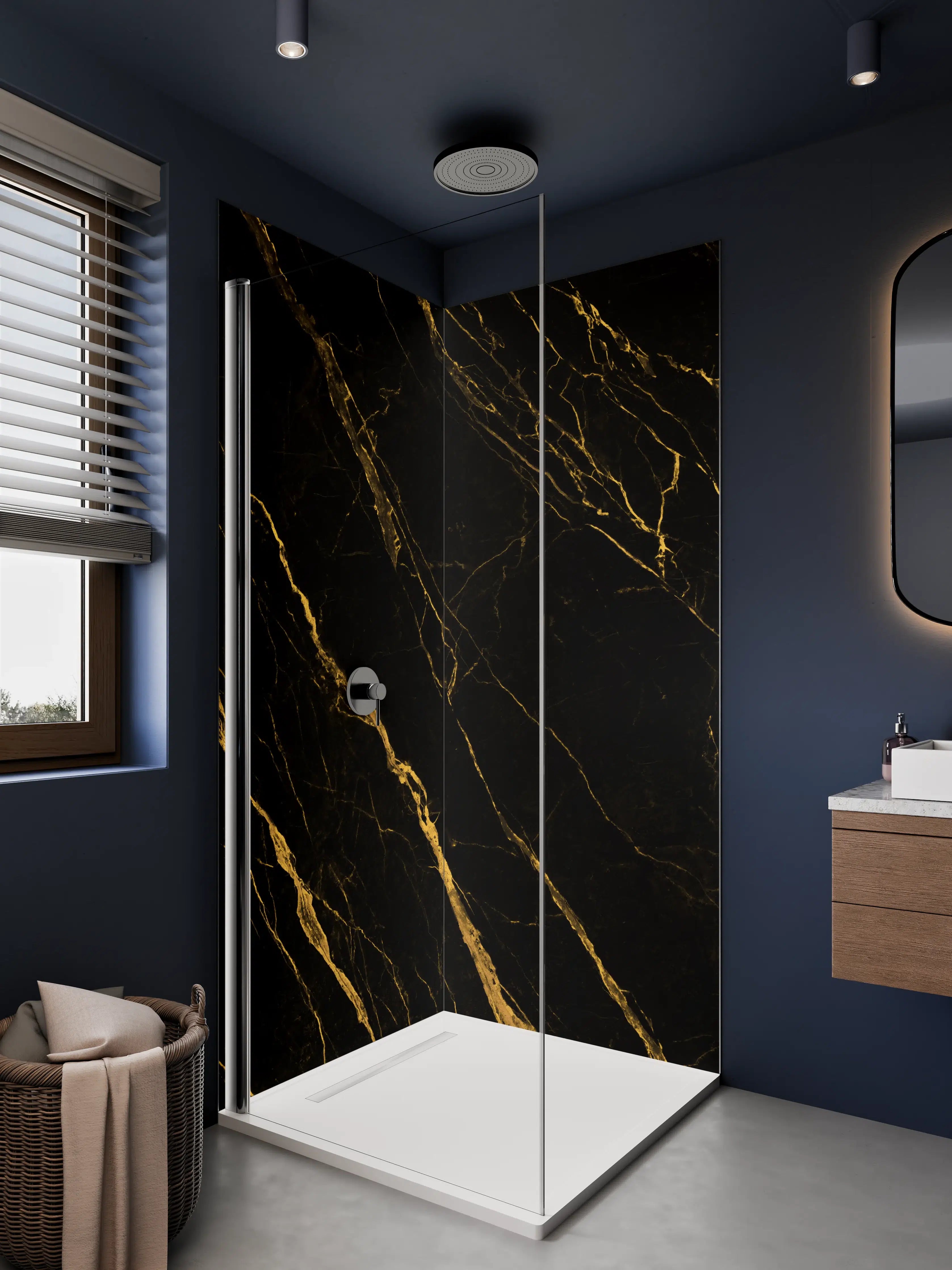Duschrückwand - Elegante schwarze Marmortextur mit goldenen Adern