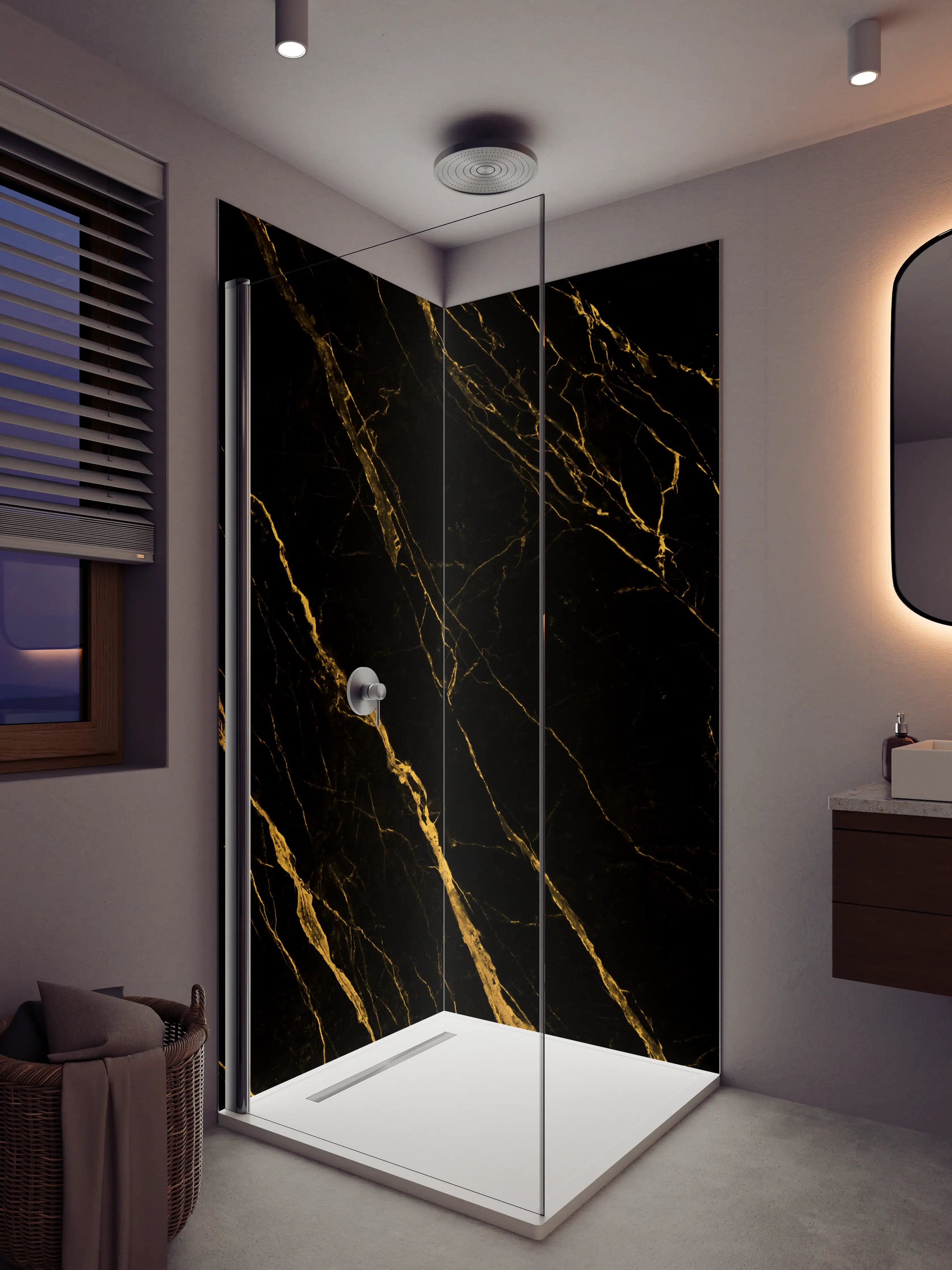Duschrückwand - Elegante schwarze Marmortextur mit goldenen Adern