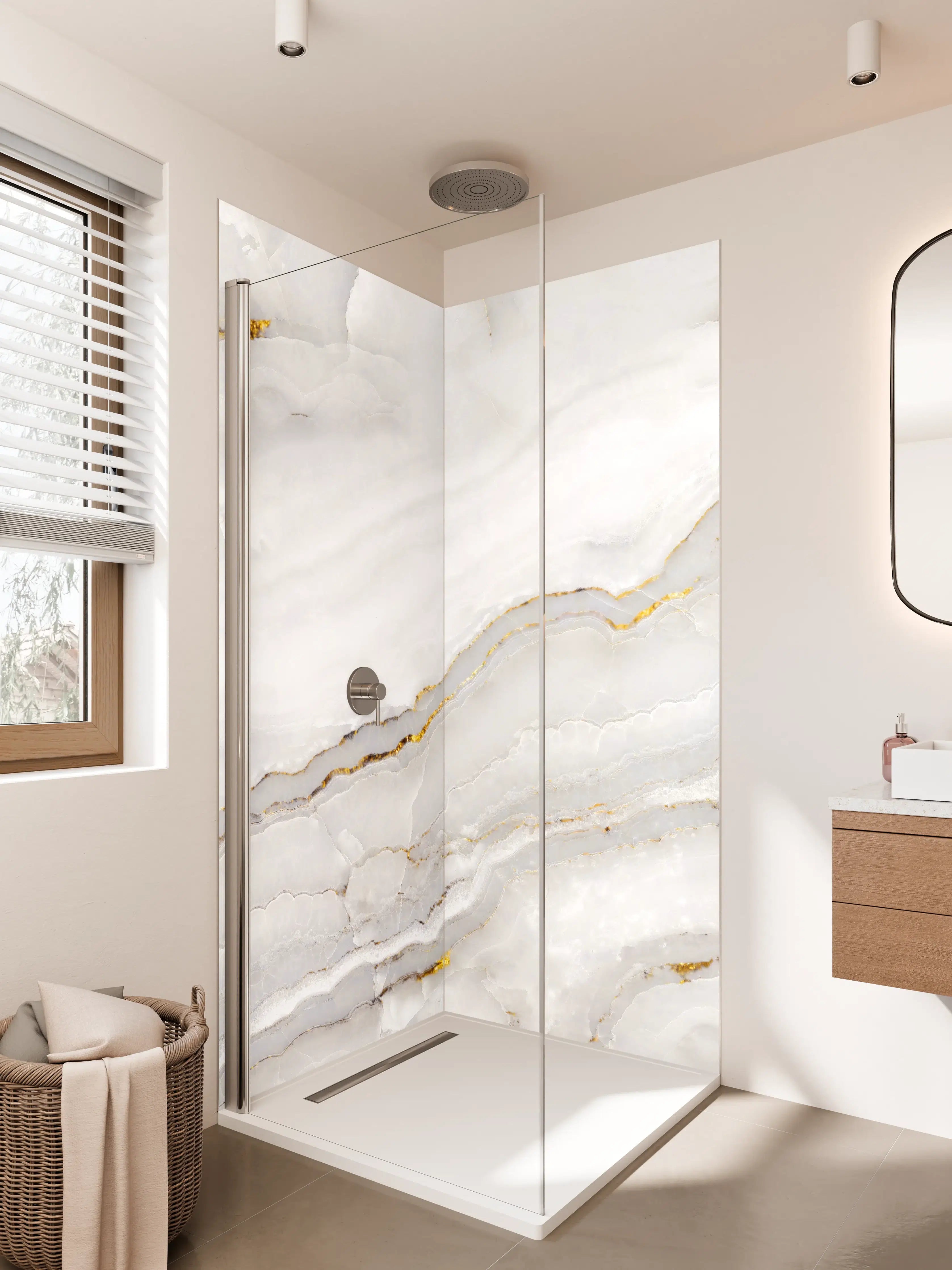 Duschrückwand - Elegante weiße Marmorfläche mit goldenen Akzenten