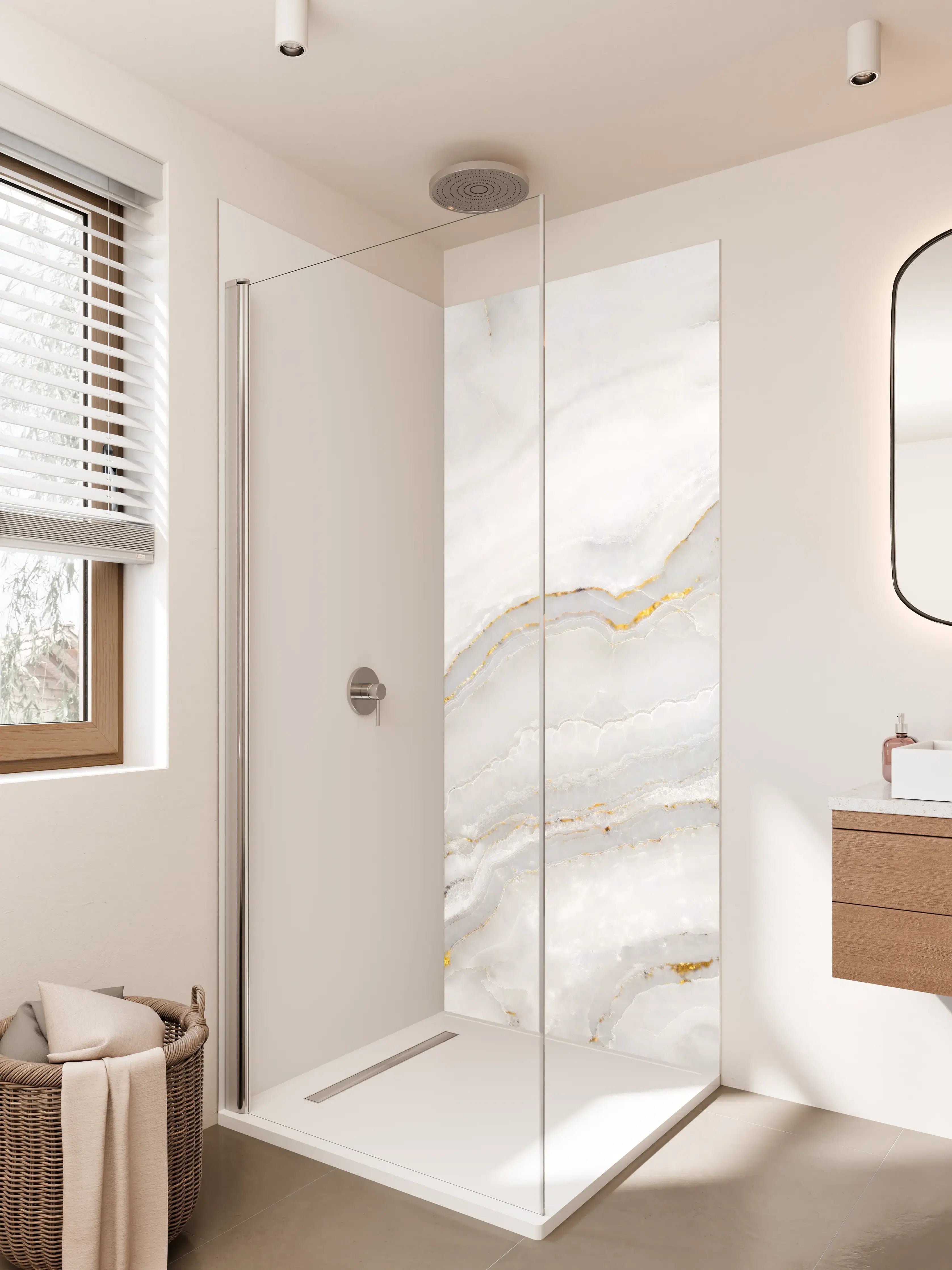 Duschrückwand - Elegante weiße Marmorfläche mit goldenen Akzenten