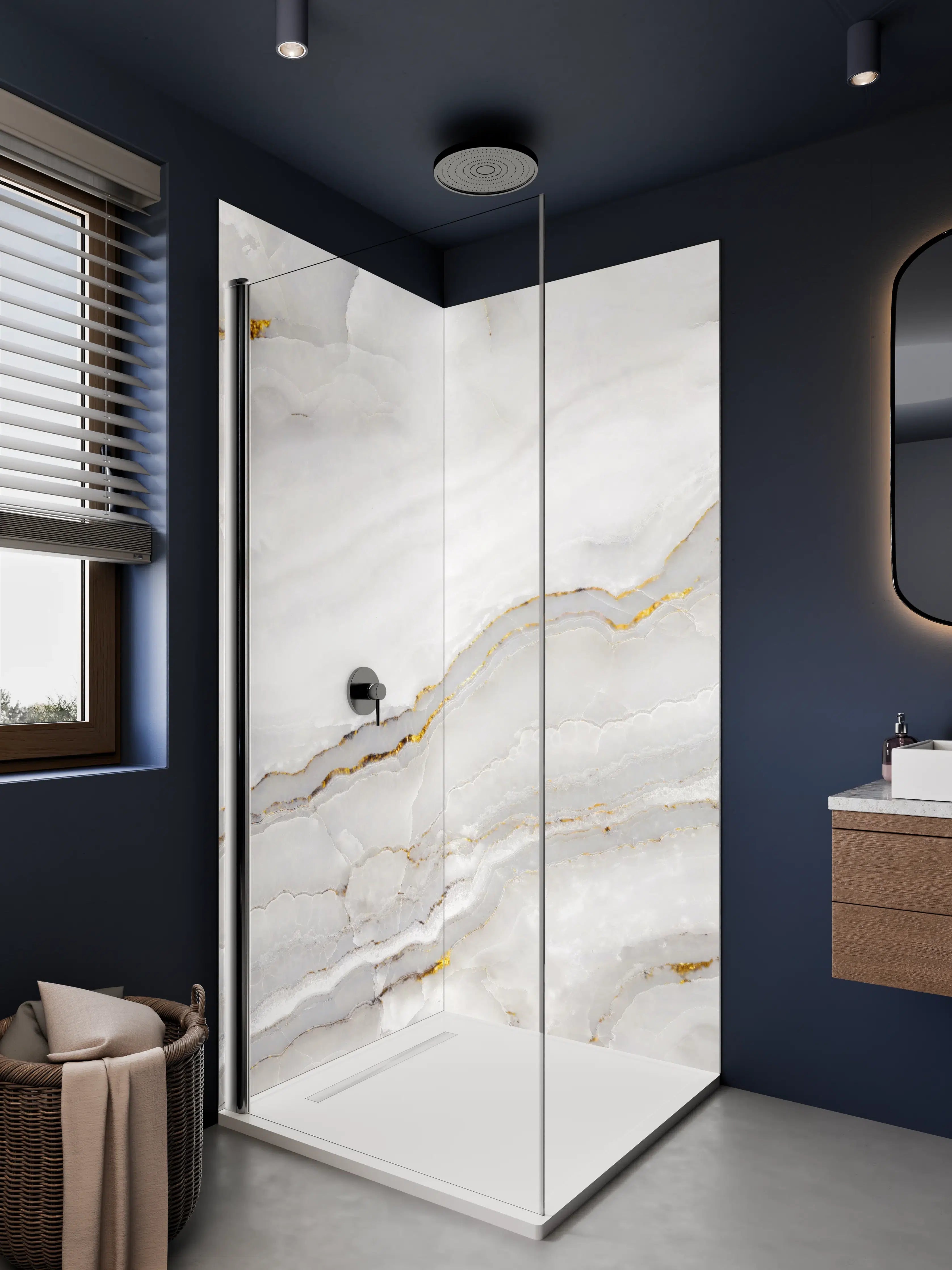 Duschrückwand - Elegante weiße Marmorfläche mit goldenen Akzenten