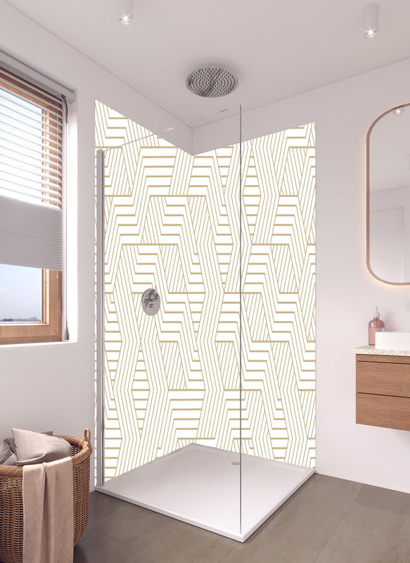 Duschrückwand - Eleganter Hintergrund mit geometrischem Gold und Weiß in hellem Badezimmer mit Regenduschkopf  - zweiteilige Eck-Duschrückwand