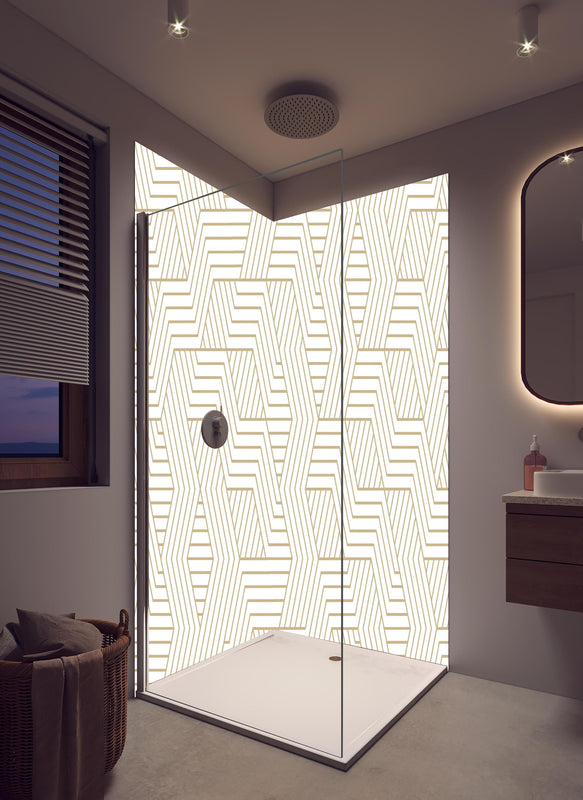 Duschrückwand - Eleganter Hintergrund mit geometrischem Gold und Weiß in hellem Badezimmer mit Regenduschkopf  - zweiteilige Eck-Duschrückwand