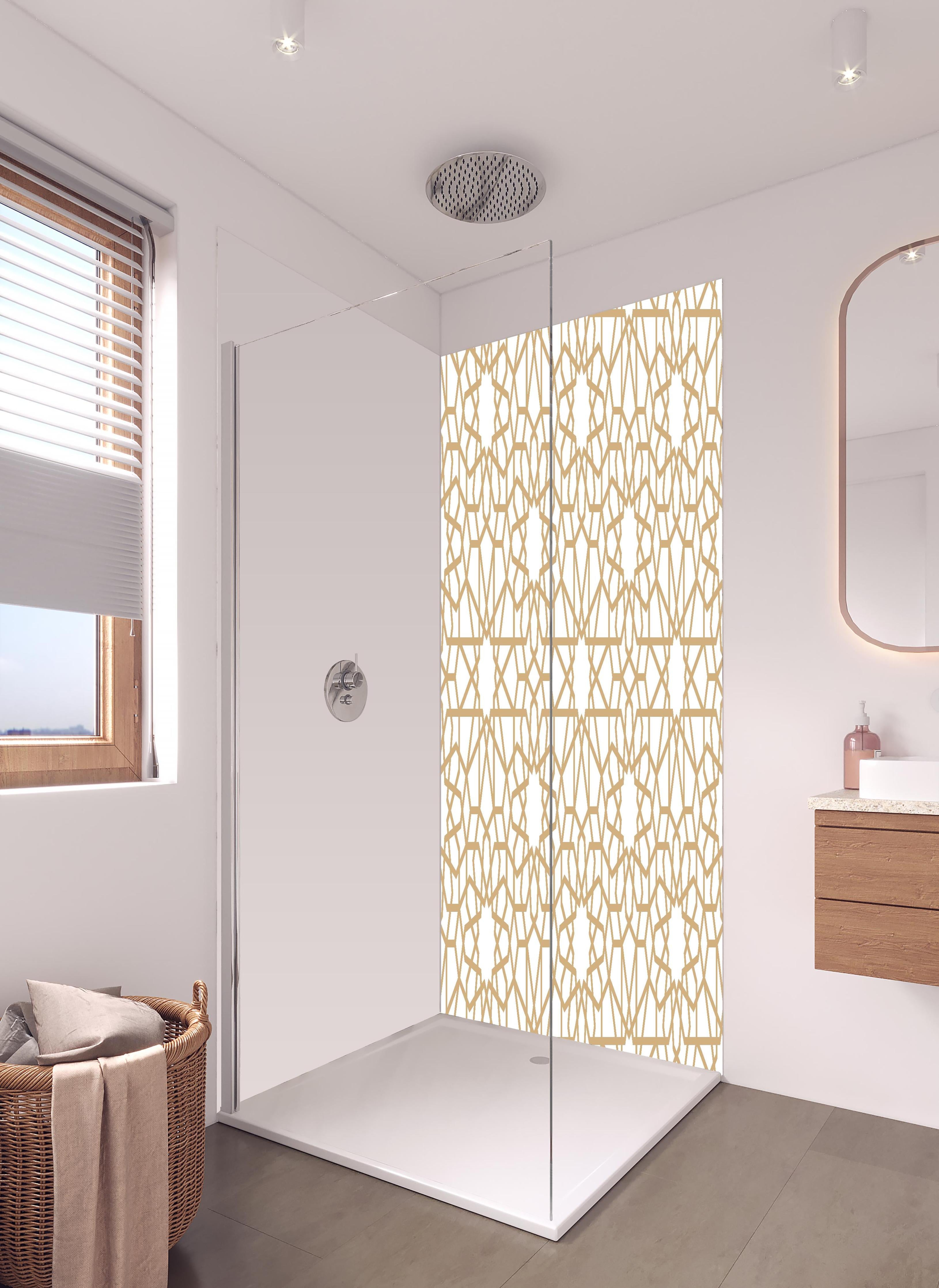 Duschrückwand - Elegantes Arabesken Design in Gold und Weiß in hellem Badezimmer mit Regenduschkopf  - zweiteilige Eck-Duschrückwand